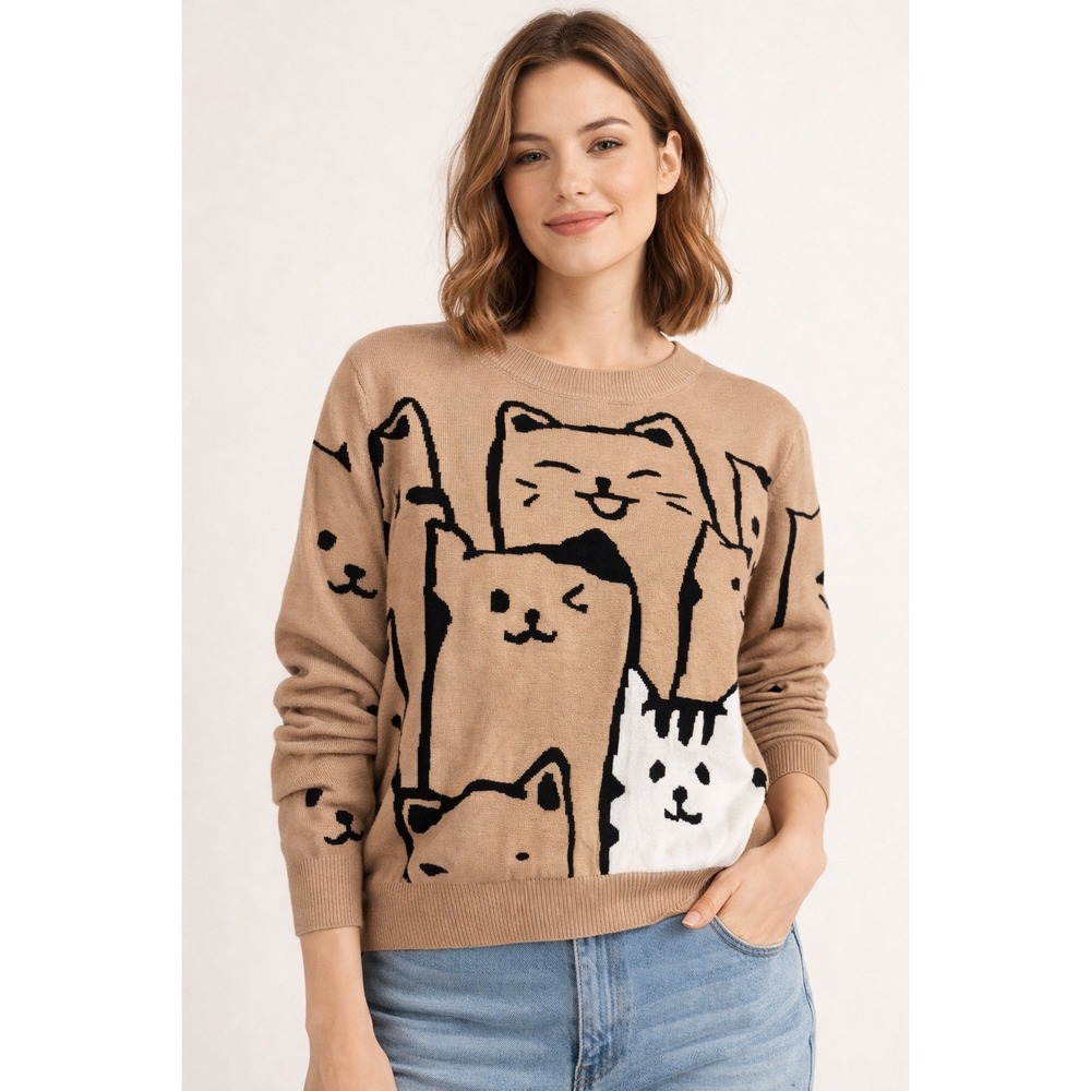 Lizette Collection Cat Jacquard‎ Knit Sweater XL Whimsical Cozy Novelty, Cropped